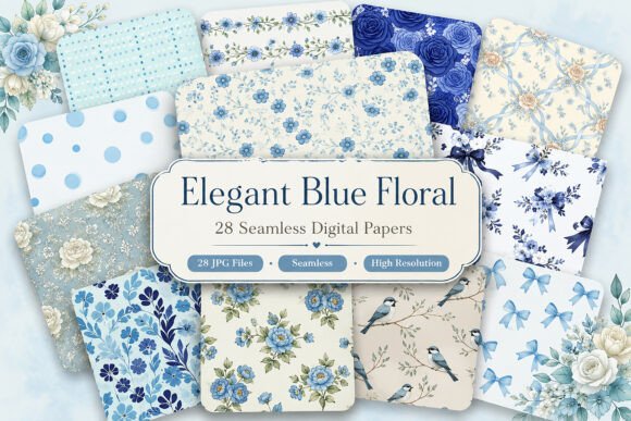 Download Elegant Blue Floral Digital Patterns - Patterns Collection